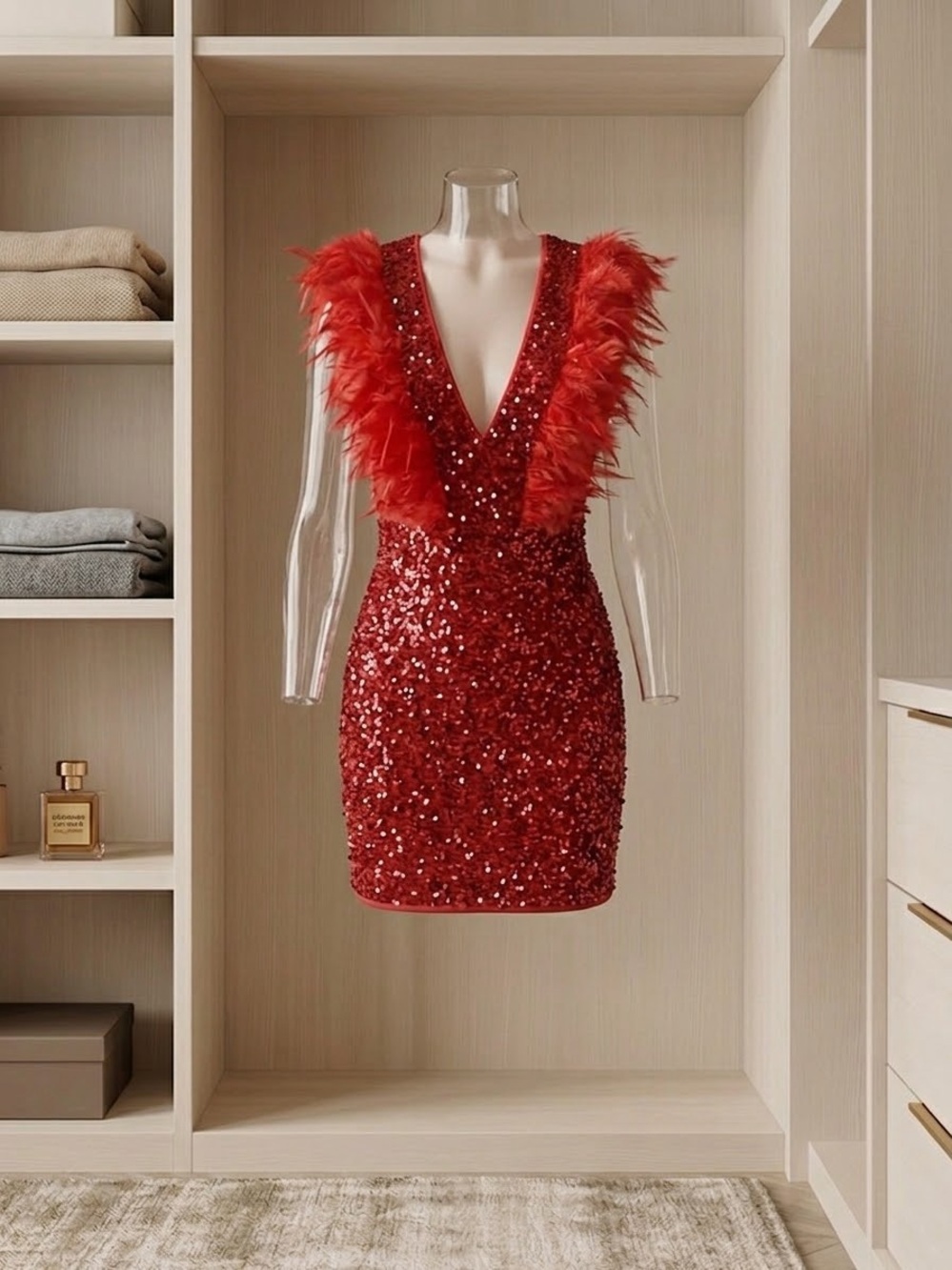 Red Sequin Feather-Trim V-Neck Mini Dress